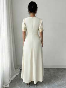 Elenzga 优雅提花拼接抽绳系领连衣裙（女款） - 米色 - 查看 2