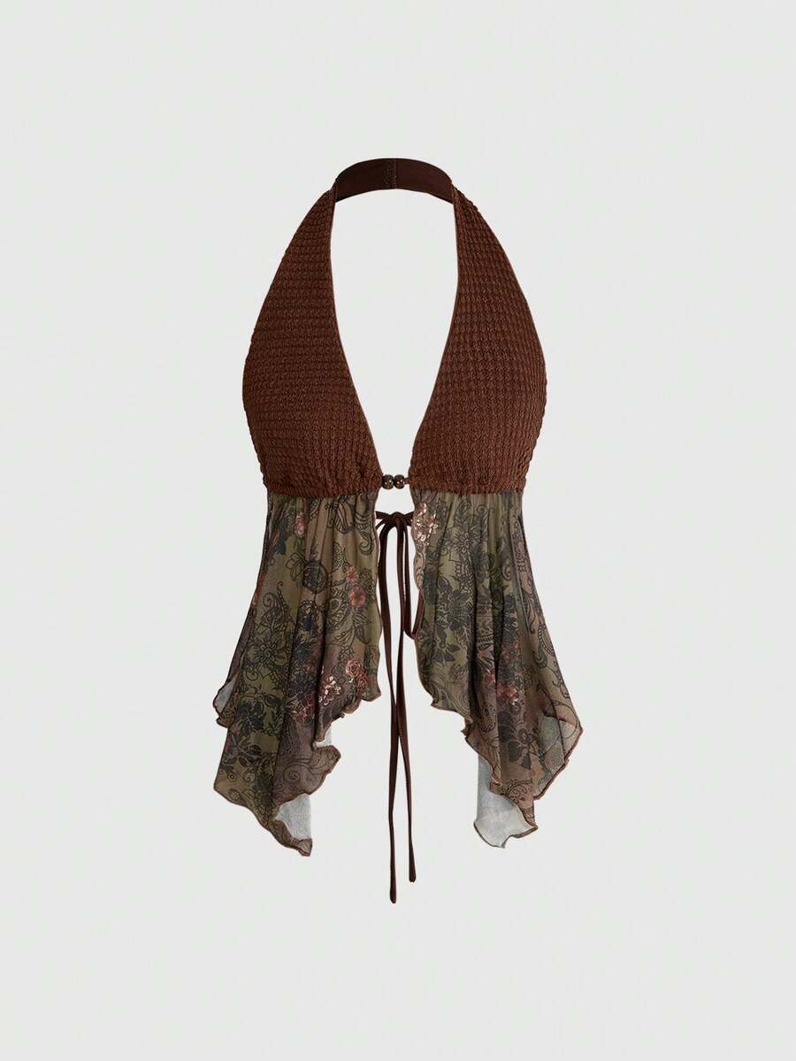 ROMWE Hippie 复古波西米亚风佩斯利印花露背吊带背心，音乐节假日氛围 - 棕色 - 查看 1