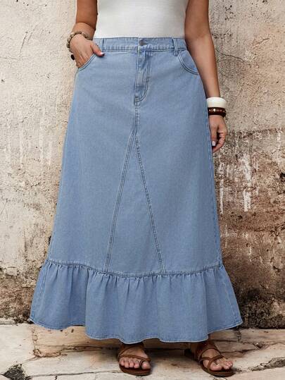 EMERY ROSE 大码女式高腰带口袋荷叶边下摆休闲牛仔迷你裙