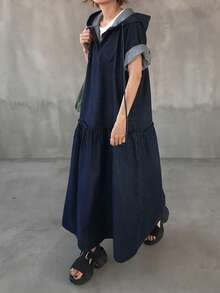 FRIFUL 女士休闲宽松短袖连帽牛仔连衣裙，夏季 - 藍色 - 查看 2