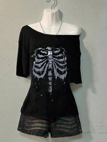 SHEIN EZwear 休闲简约骷髅印花落肩女式T恤，适合夏季 - 黑色 - 查看 4
