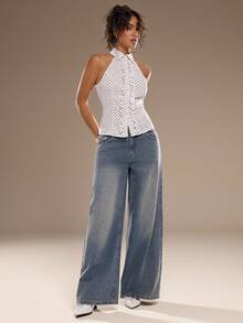 Avantive 波点图案荷叶边白色无袖上衣，适合夏季、春假、情人节等场合，时尚百搭，适合海滩休闲及正式场合。 - 白色 - 查看 5