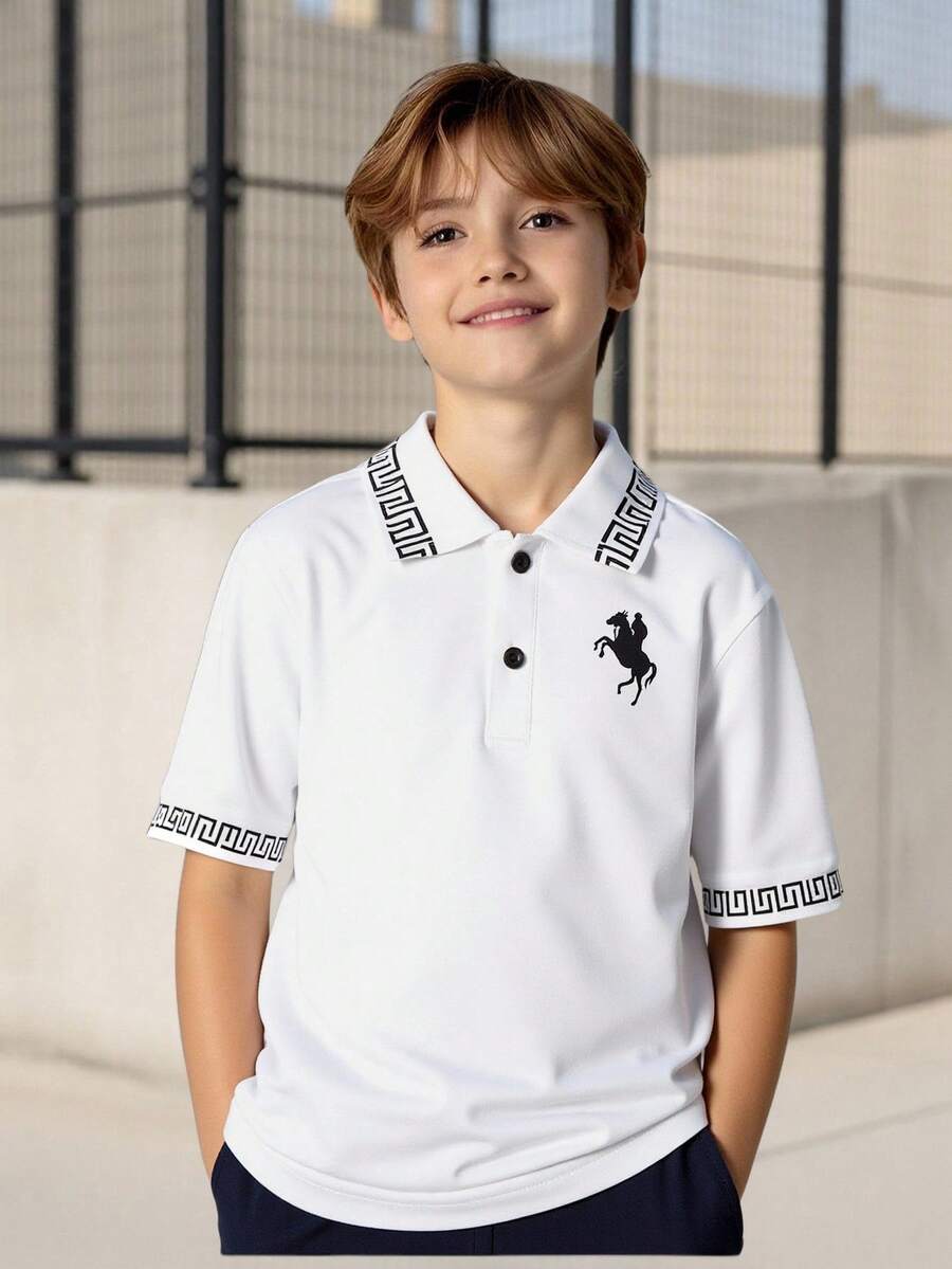 SHEIN Vacaura 青少年男孩骑士印花短袖Polo衫,适合休闲穿着 - 白色 - 查看 1
