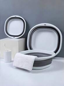 Three-Size Collapsible Basin – Portable Hand And Foot Bath Multi-Functional Plastic Bucket With Frame Rectangular Design, Durable Plastic Material, Including Mop Bucket, Suitable For Travel And Laundry Use, Foldable Basin, Portable Outdoor Travel Household Basin, Student Dormitory Basin For Washing Face And Feet, Washing Basin For Laundry. - Grey - View 4