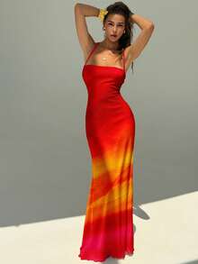 Aloruh 女士优雅橙红色扎染印花露背系带连衣裙，夏季度假装，沙滩裙，橙色连衣裙，夏威夷度假装 - 橘色 - 查看 9