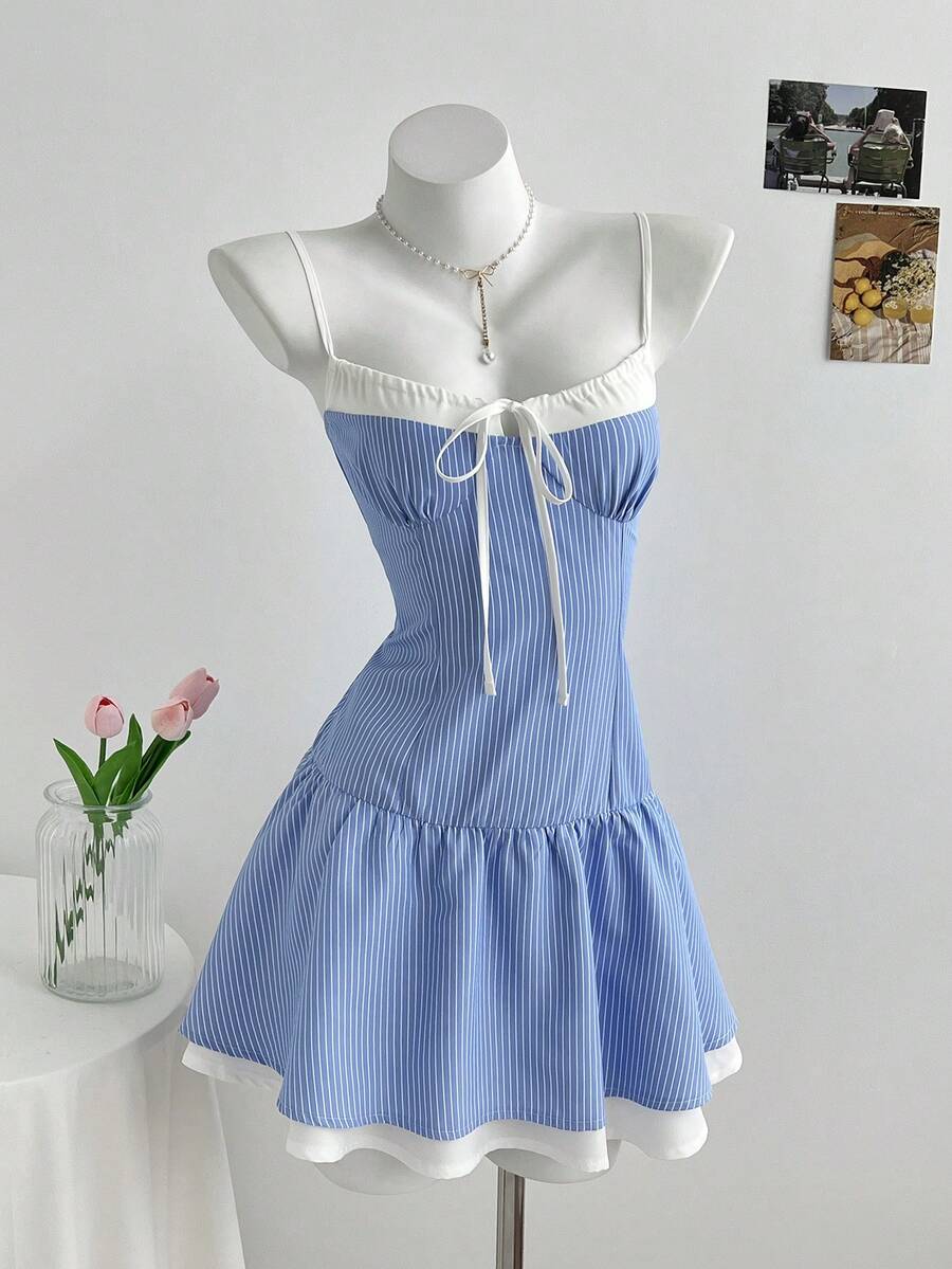 Elamini Women's Striped Front Tie Ruffle Hem Camisole Dress - Apricot - View 1
