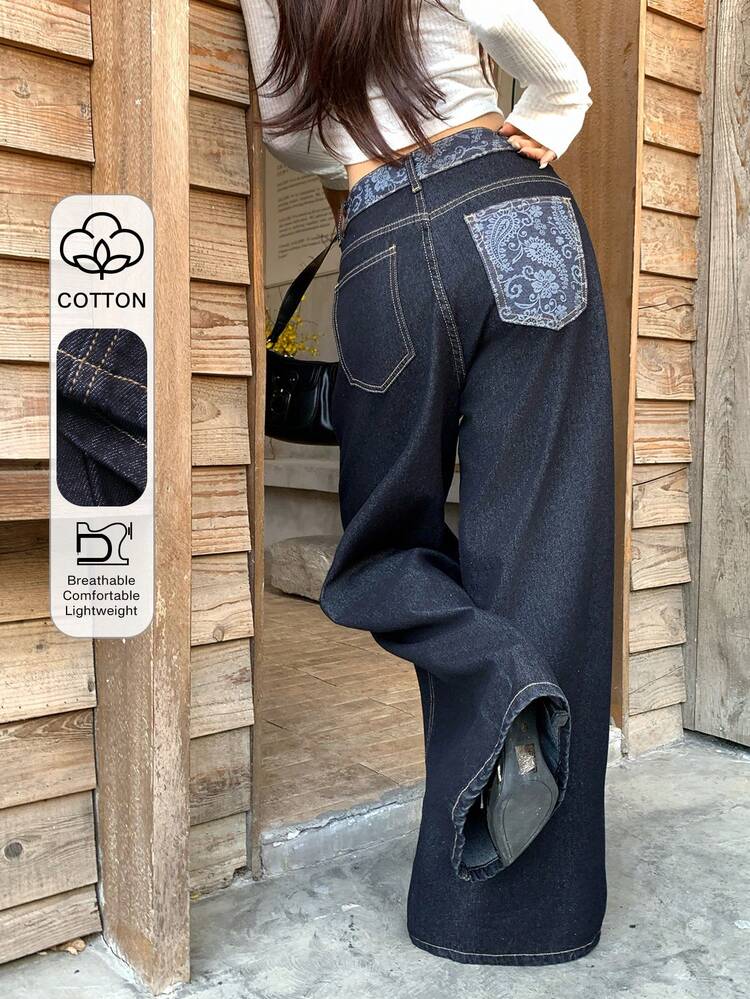 Women's Contrast Color Pocket Korean Style Casual Loose Jeans