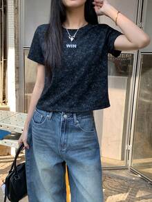 DAZY 女士圆领字母图案休闲百搭日常短袖T恤 - 黑色 - 查看 2