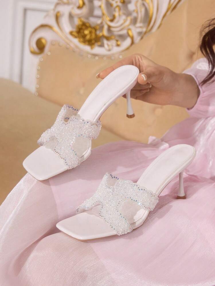 CUCCOO TILAWA Women Shoes Square Toe Slender Heel White Transparent Film Rhinestones Sexy Fashion Elegant Gorgeous Women's High Heel Sandals Slippers With Skirts Daily Versatile Banquet Party Women's Sandals