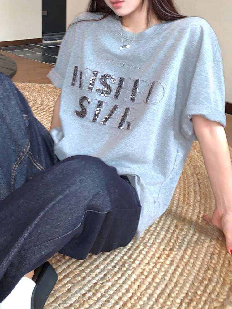 Women's Tie-Dye Sequin Embroidered Loose Casual Short Sleeve T-Shirt