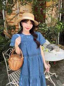 DAZY 女士圆领荷叶边清新韩风度假风牛仔连衣裙长裙 - 藍色 - 查看 10