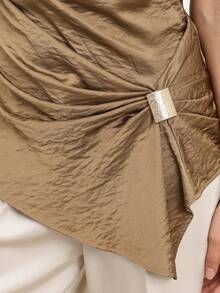 KSTM Women's Off Shoulder Asymmetrical Draped Top With Hardware Detail And Ruched Side Tie Design Elegant Evening Party Blouse - Brown - View 5