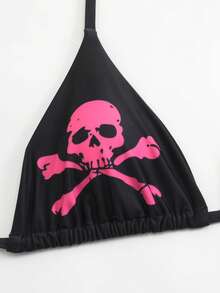 ROMWE Goth 女士休闲度假沙滩派对优雅骷髅图案抽绳蝴蝶结比基尼两件套泳衣 - 黑色 - 查看 6