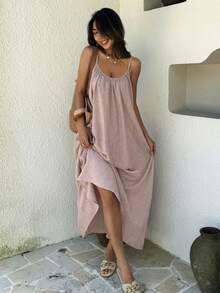 Livesso Pink Elegant Party Holiday Loose Fit Sleeveless Midi Dress For Women - Pink - View 6