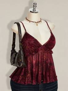 SHEIN ICON Plus Size Women Plant Print Ruffle Hem Camisole Tank Top For Holiday,Rave Top - Burgundy - View 7
