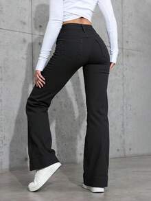 Pantalones vaqueros de piernas anchas para mujeres, tejidos sólidos, botones, materiales opacos y micro - elástico, todos los artículos - Negro - Ver 4