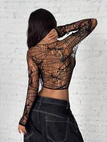 SHEIN DivaQ 女士性感蜘蛛网提花黑色长袖上衣 - 黑色 - 查看 2