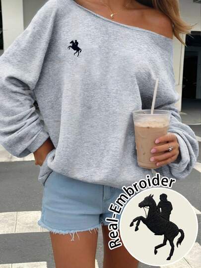 Sudadera holgada de manga larga con bordado de caballo, de estilo minimalista, elegante y romántico, adecuada para festivales de música, playa, vacaciones y salidas de verano