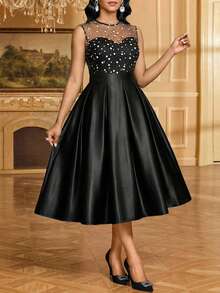 SHEIN Lady Women's Polka Dot Mesh Patchwork Round Neck Sleeveless Pleated Hem Elegant Mid-Length Dress - Multicolor - View 6