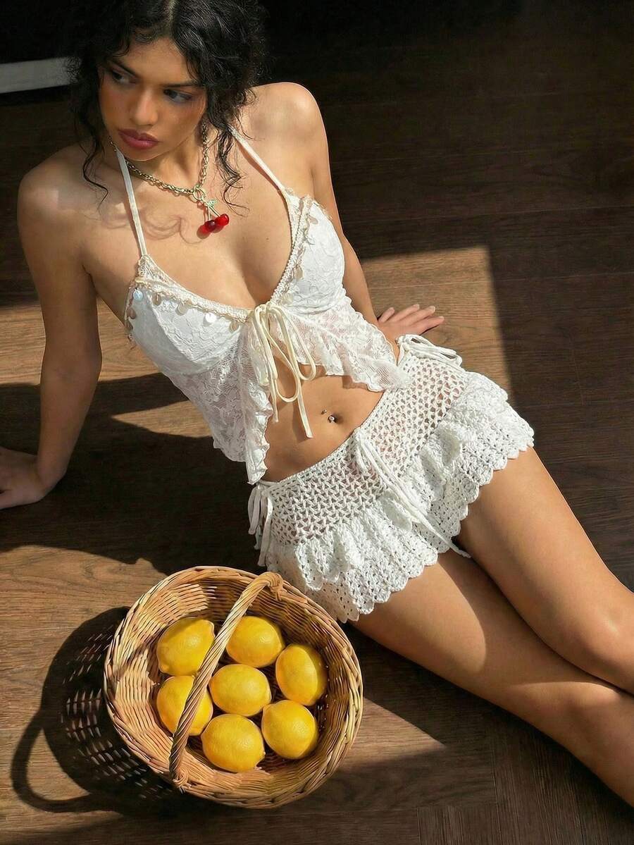 Sweetina Women's White Holiday Vacation Beach Going Out Cute Elegant Double-Layer Ruffled Hollow-Out Knit Skirt,Summer - White - View 1