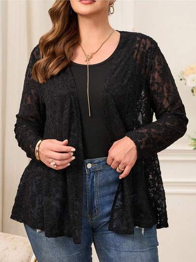 EMERY ROSE Plus Size Women Black Rose Lace Long Sleeve Jacket For Summer/ Vacation Plus Size Blouses Plus Size Black Tops Plus Size Women Clothes Blouse Plus Size Tops