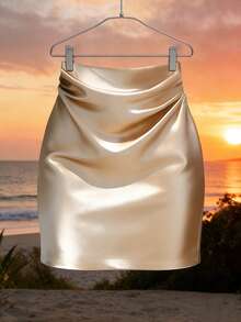 GlowEve Women's Elegant Solid Color Ruched Skirt, Summer - Champagne - View 1
