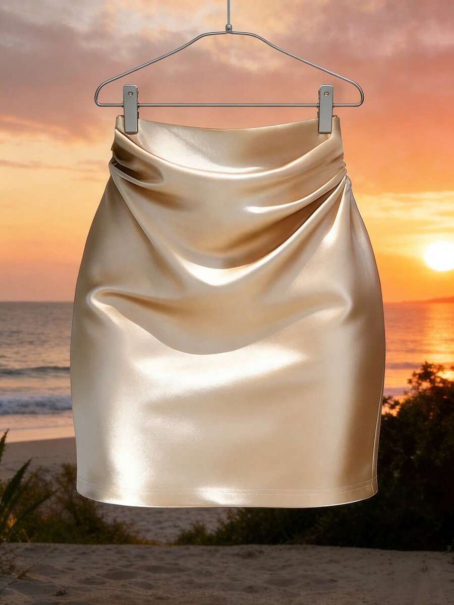 GlowEve Women's Elegant Solid Color Ruched Skirt, Summer - Champagne - View 1