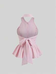 Sweetra French Sweet Elegant Style Girly Pink Collar Design Spring/Summer Fashion New Button Cinched Waist Bow Accent Pure Elegant Women Blouse - Pink - View 1