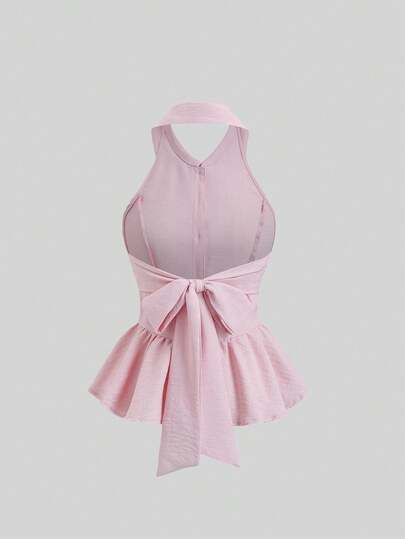 Sweetra French Sweet Elegant Style Girly Pink Collar Design Spring/Summer Fashion New Button Cinched Waist Bow Accent Pure Elegant Women Blouse