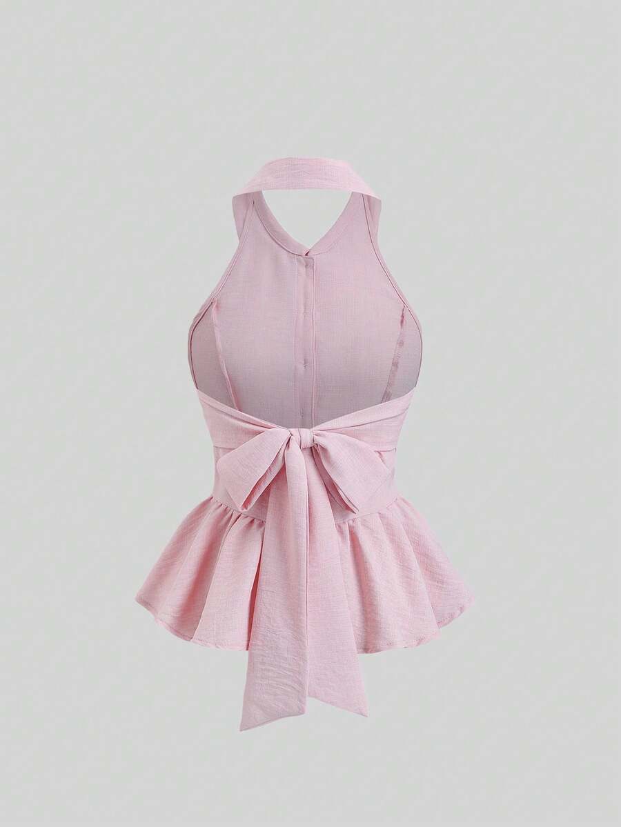 Sweetra French Sweet Elegant Style Girly Pink Collar Design Spring/Summer Fashion New Button Cinched Waist Bow Accent Pure Elegant Women Blouse - Pink - View 1