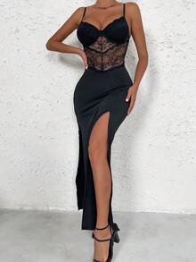 Allurite Backless Split Thigh Bustier Lace Cami Dress Maxi Women Outfit - Black - View 8