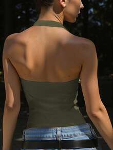 Zyxie Sexy Solid Color Low-Cut Backless Halter Neck Top, Summer - Army Green - View 2