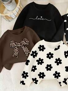 SHEIN Playful Pals 6 件套舒适秋冬款婴幼儿女童休闲时尚创意个性清新可爱豹纹、蝴蝶结、花朵、心形、字母图案印花运动衫和紧身裤套装 - 彩色 - 查看 3