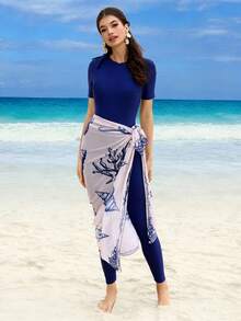 Swim Shayni 2pcs Modest Swimwear Set, Navy Blue Short Sleeve Swimwear & Coral Shell Print Sheer Wrap Skirt, Suitable For Beach & Holiday - Navy Blue - View 3