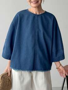 FRIFUL Blusa vaquera de mujer de unicolor, cuello redondo, holgada y versátil - Azul - Ver 3