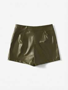 SHEIN Tall CURVE 大码女式纯色简约设计百搭休闲PU皮短裤 - 軍綠色 - 查看 2