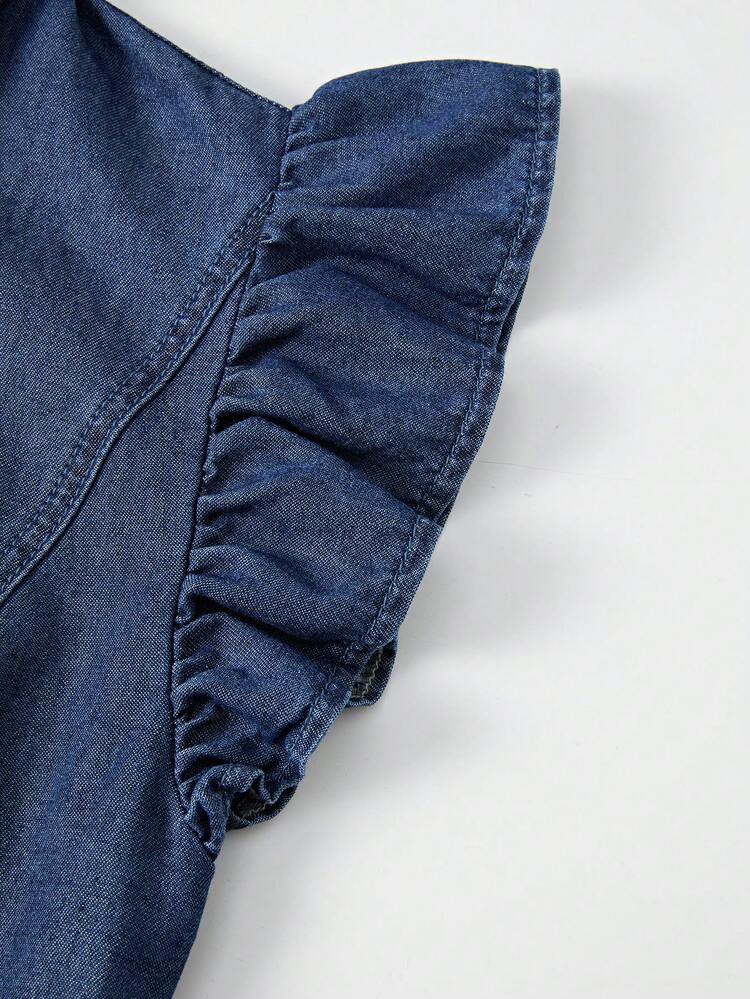 GlowEve 女士牛仔连衣裙，泡泡袖，单排扣，荷叶边下摆 - 藍色 - 查看 5