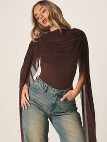 MISSGUIDED 女士棕色长款斗篷袖高领连体衣，露背镂空设计 - 咖啡棕 - 查看 5