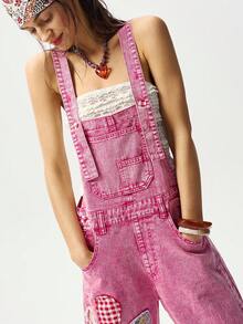 Bohemela Women's Casual Washed Floral Applique Denim Jumpsuit - Pink - View 4