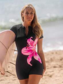 Swim SPRTY Bộ áo liền quần nữ mùa hè mới, cổ tròn, tay ngắn, khóa kéo phía trước, eo có dây rút, họa tiết hoa, thích hợp cho kỳ nghỉ. - màu đen - Xem 4
