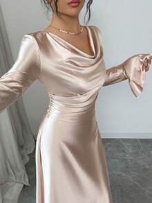 Modelyn Spring & Summer Long Sleeve Draped Neck Waist Cinched Dress With Pearl Decor, Satin Fabric - Apricot - View 6