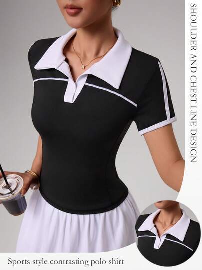 Dewbera 女士运动Polo衫，黑白撞色设计，适合跑步、训练、健身，百搭显瘦的户外运动上衣