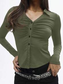 BABYPHAT Áo sơ mi Jersey cài cúc, chi tiết nhún bèo phía trước, tay dài, cổ chữ V, kiểu dáng thường ngày, thích hợp mặc hàng ngày. - xanh quân đội - Xem 4