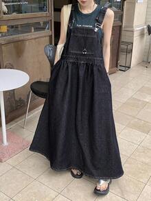 FRIFUL 女士休闲长款牛仔背带裙 - 藍色 - 查看 2
