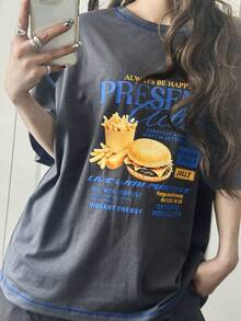 FRIFUL 女士圆领装饰缝线胸前字母印花宽松短袖T恤 - 灰色 - 查看 2