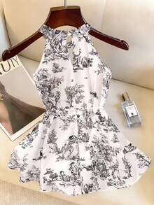 Lyxana Women's Tie-Waist Halter Neck Printed Shirt, Elegant Resort Wear For Spring/Summer - Multicolor - View 2