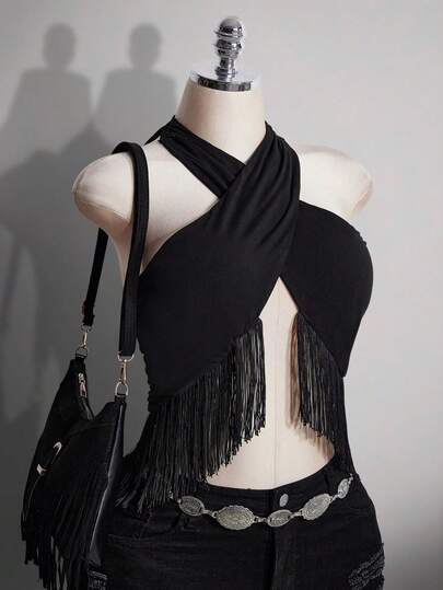 SHEIN ICON Plus Size Women Criss-Cross Halter Tasseled Backless Knit Top, Suitable For Music Festivals, Vacation, Beach