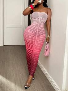 BamGleam Vestido de fiesta y vacaciones ajustado con estampado de degradado, escote sin tirantes y plisado de malla para mujer - Rosa - Ver 3