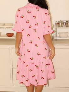 Lowkey Lull Striped Cherry Print Short Sleeve Women Nightgown - Multicolor - View 2