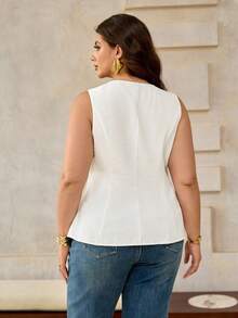Franclia Plus Size Women's Solid V-Neck Open Front Button Fake Pocket Decor Single Side Pearl Embellished Sleeveless Top Vest, White, Summer, Office - White - View 2